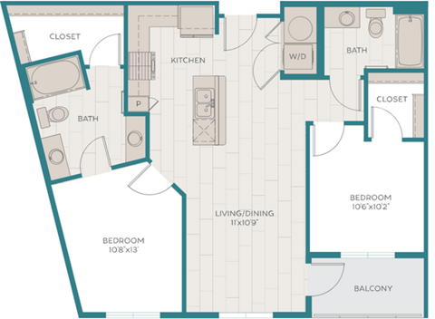 Floor plan for 2 beds, 2 baths, 972 sqft